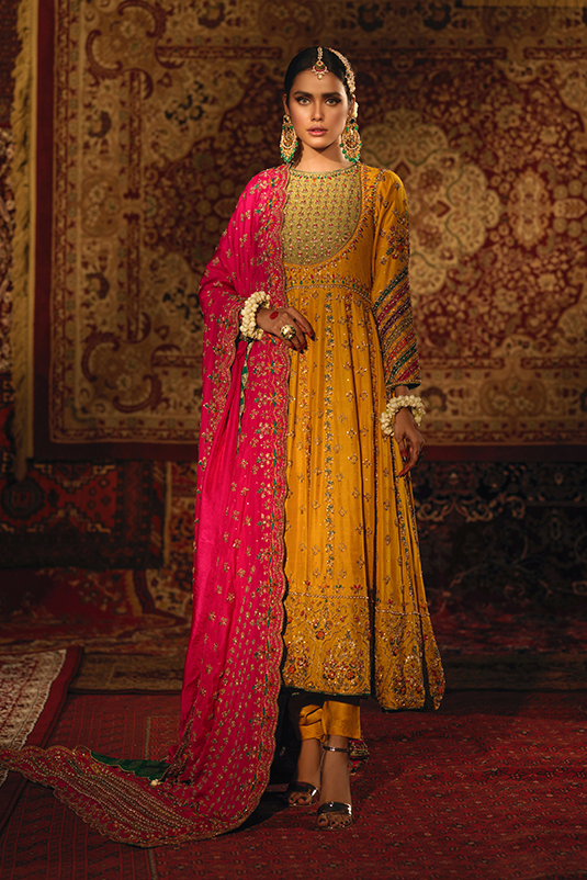 Marigold Embroidered Raw Silk Kalidar Frock (3-Piece) - Image 2