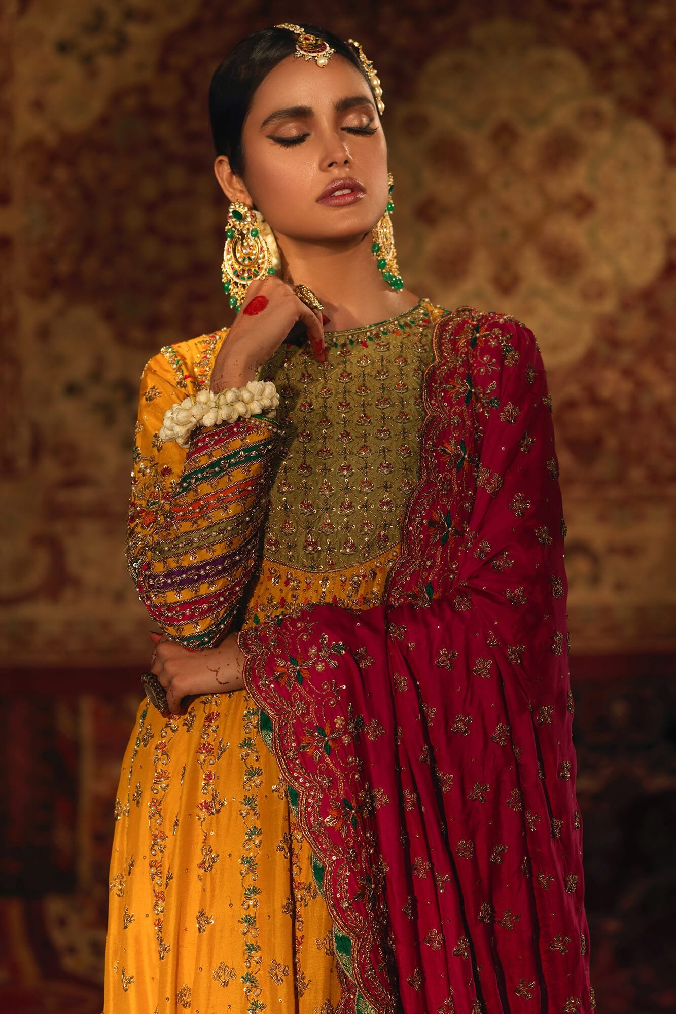 Marigold Embroidered Raw Silk Kalidar Frock (3-Piece) - Image 3