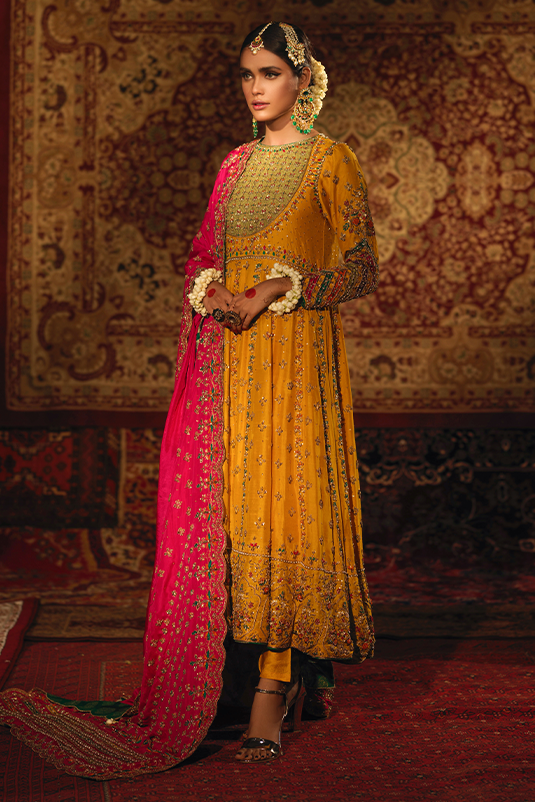 Marigold Embroidered Raw Silk Kalidar Frock (3-Piece) - Image 5