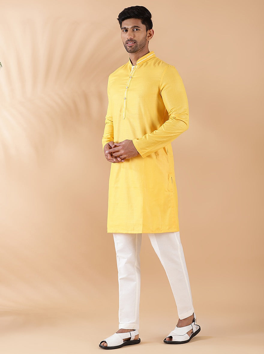 Yellow Cotton Blend Kurta with Mandarin Collar (2-Piece) - Image 1