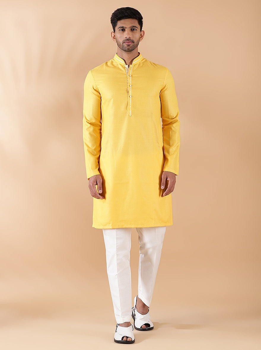 Yellow Cotton Blend Kurta with Mandarin Collar (2-Piece) - Image 2