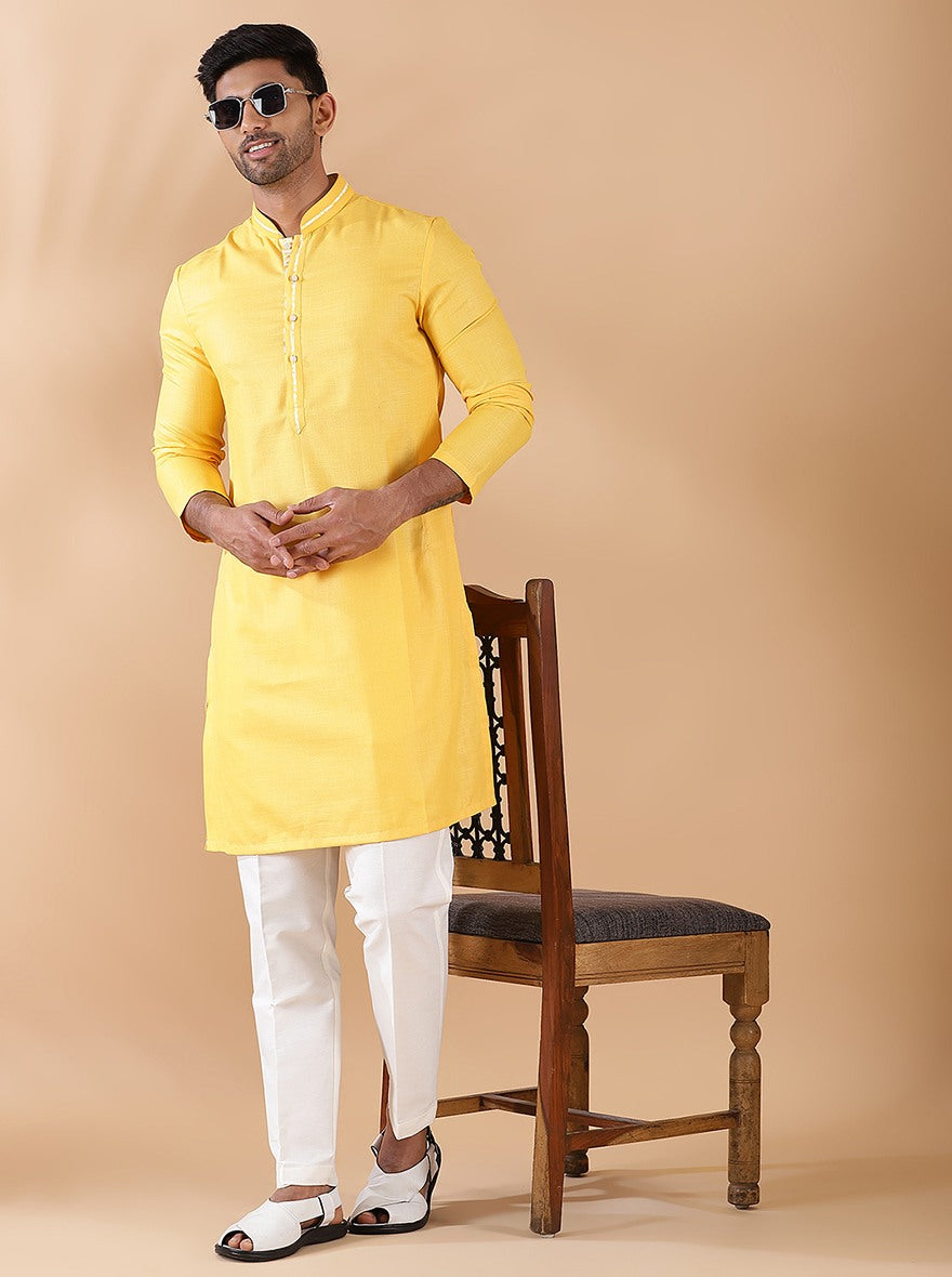 Yellow Cotton Blend Kurta with Mandarin Collar (2-Piece) - Image 3