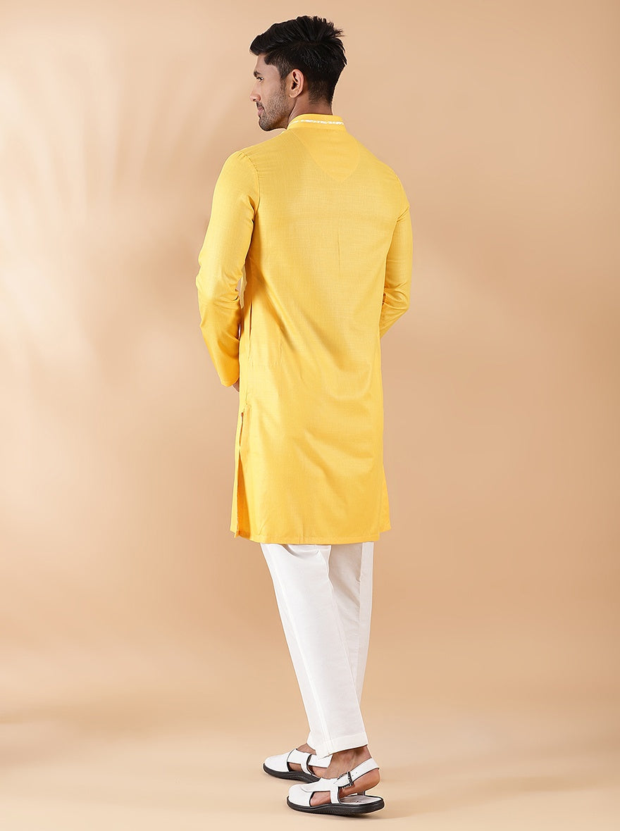 Yellow Cotton Blend Kurta with Mandarin Collar (2-Piece) - Image 4