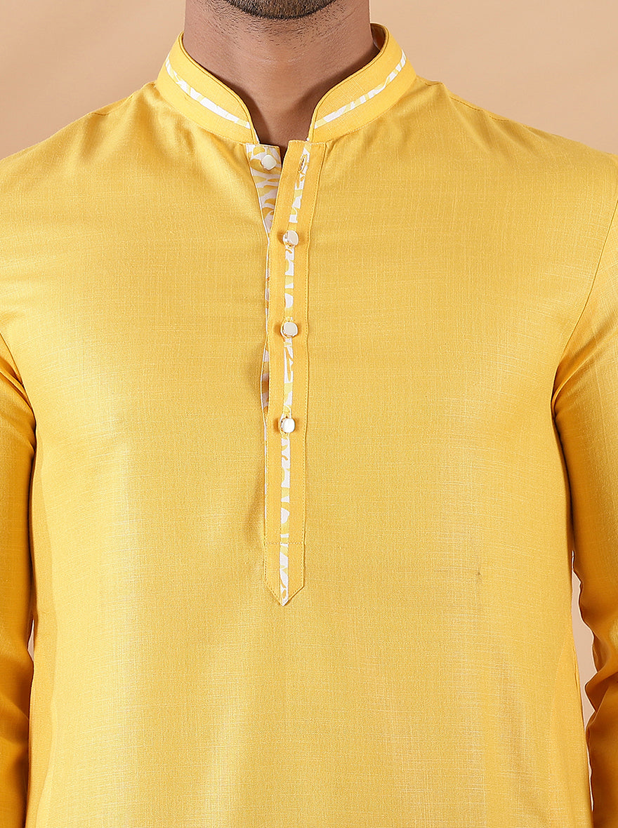 Yellow Cotton Blend Kurta with Mandarin Collar (2-Piece) - Image 5
