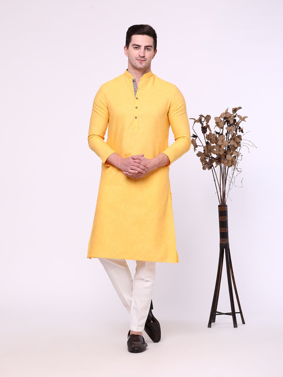 Light Yellow Cotton Blend Kurta Pajama (2-Piece) - Image 1