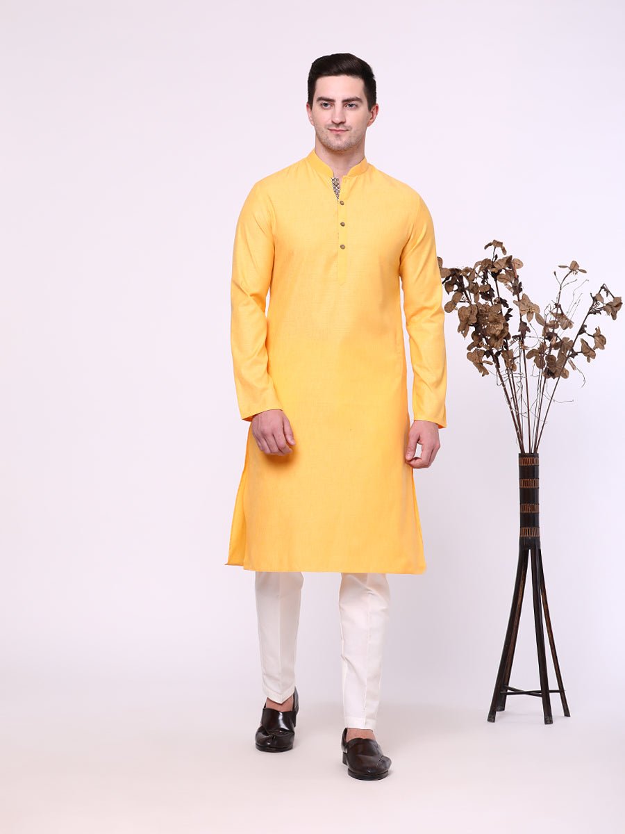 Mustard Yellow Cotton Blend Kurta Pajama (2-Piece) - Image 2