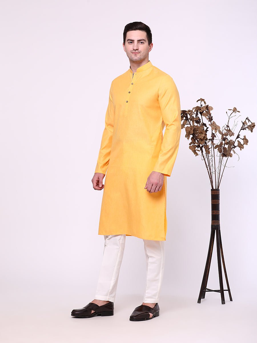 Mustard Yellow Cotton Blend Kurta Pajama (2-Piece) - Image 3