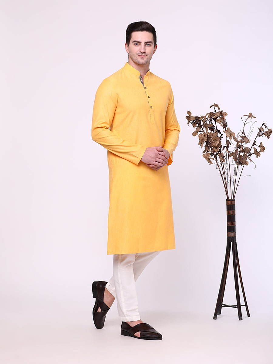 Mustard Yellow Cotton Blend Kurta Pajama (2-Piece) - Image 4