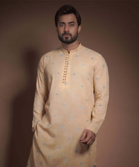 Dark Yellow Jacquard Cotton Kurta Pajama (2-Piece) - Image 2