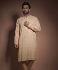 Dark Yellow Jacquard Cotton Kurta Pajama (2-Piece) - Image 3