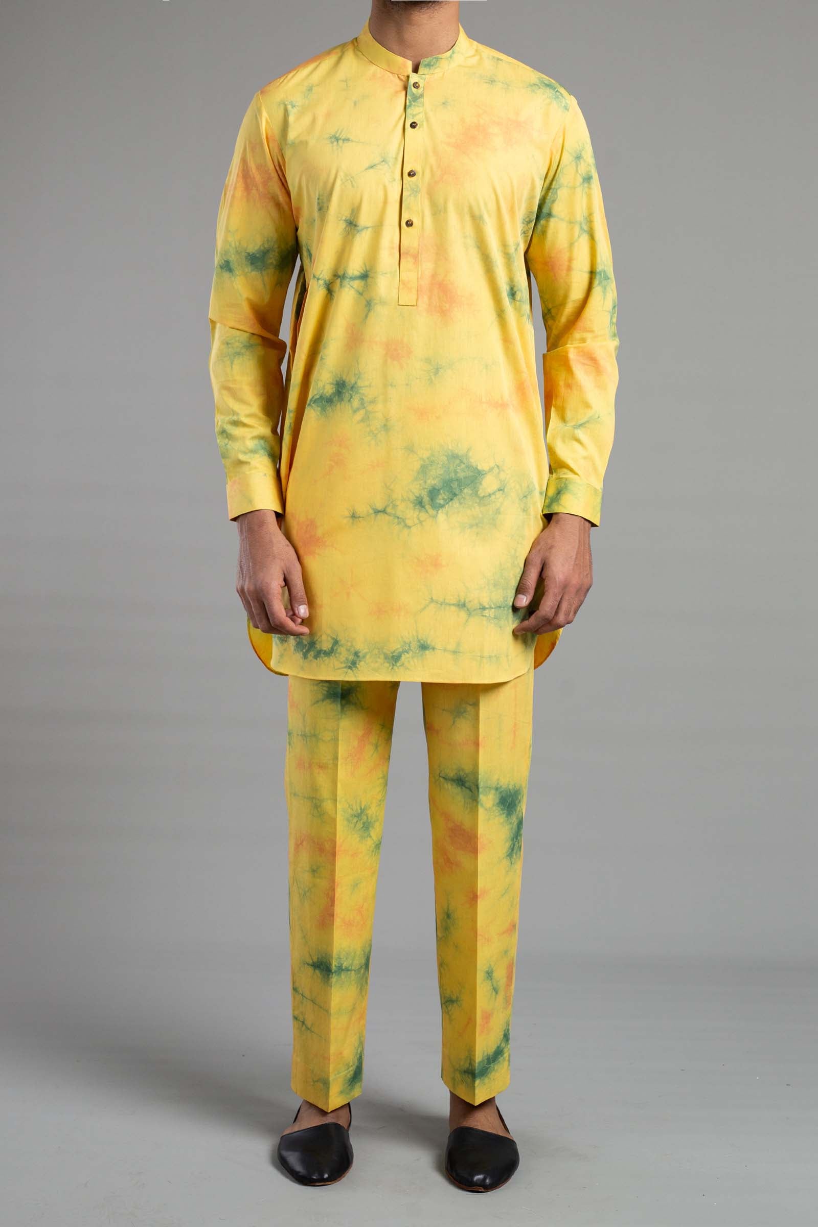 Yellow Tie-Dye Cotton Linen Kurta Pajama (2-Piece) - Image 1