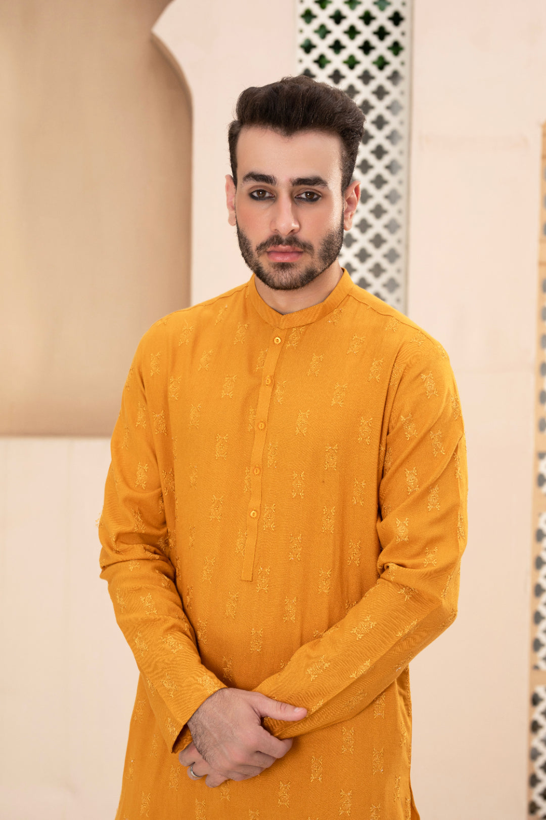 Mustard Self-Woven Cotton Row Silk Kurta Pajama (2-Piece) - Image 3