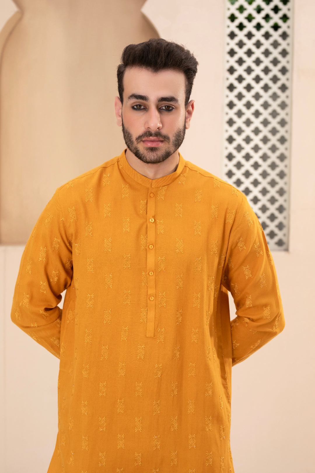 Mustard Self-Woven Cotton Row Silk Kurta Pajama (2-Piece) - Image 4