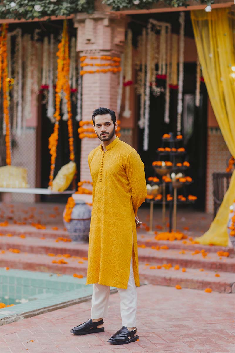 Yellow Self-Print Cotton-Silk Kurta Pajama (2-Piece) - Image 1