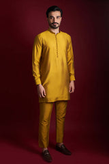 Mustard Pintuck Cotton-Silk Kurta Pajama (2-Piece) - Image 2