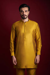 Mustard Pintuck Cotton-Silk Kurta Pajama (2-Piece) - Image 3