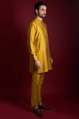 Mustard Pintuck Cotton-Silk Kurta Pajama (2-Piece) - Image 5