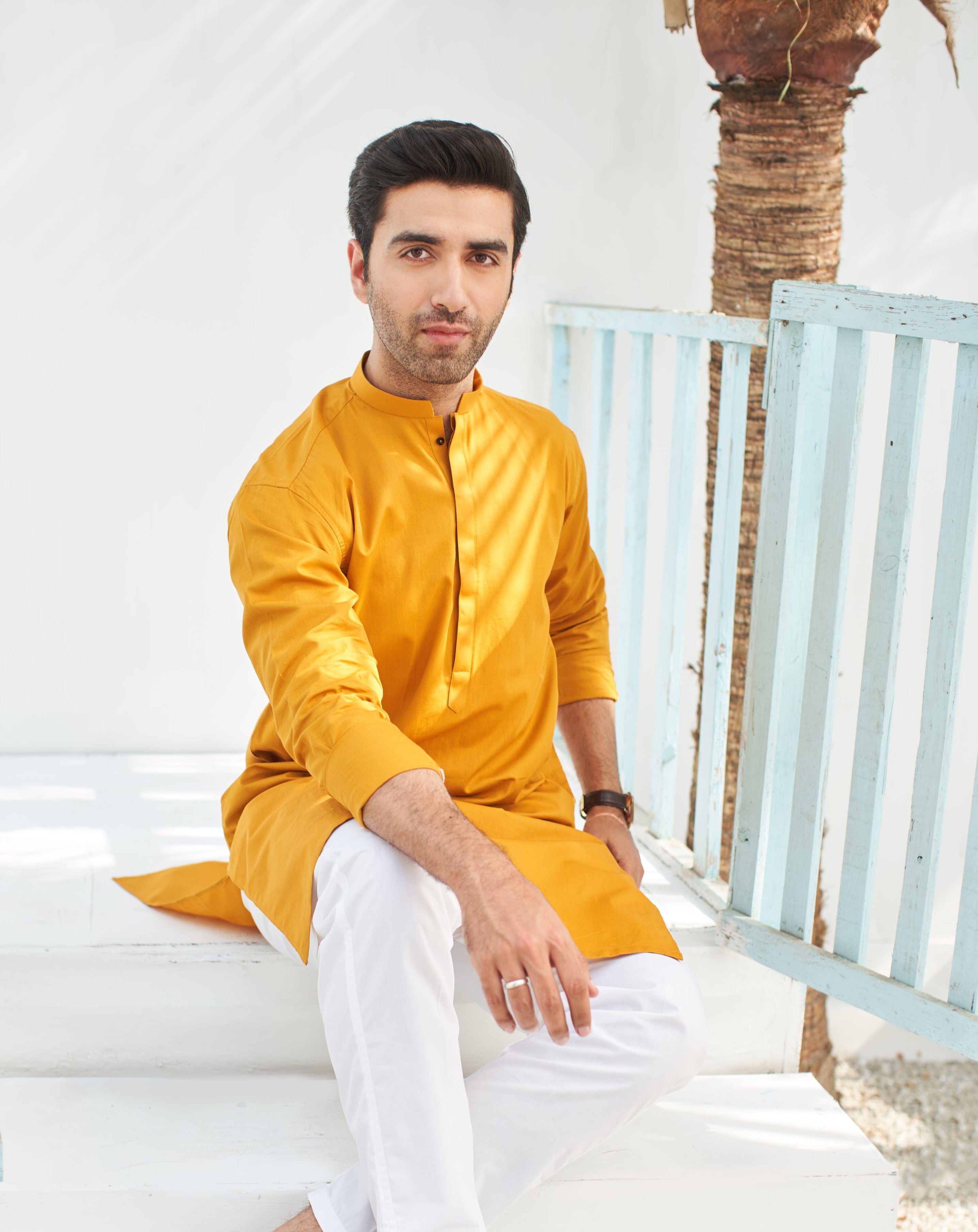 Mustard Cotton Kurta Trouser Set (2-Piece) - Image 4