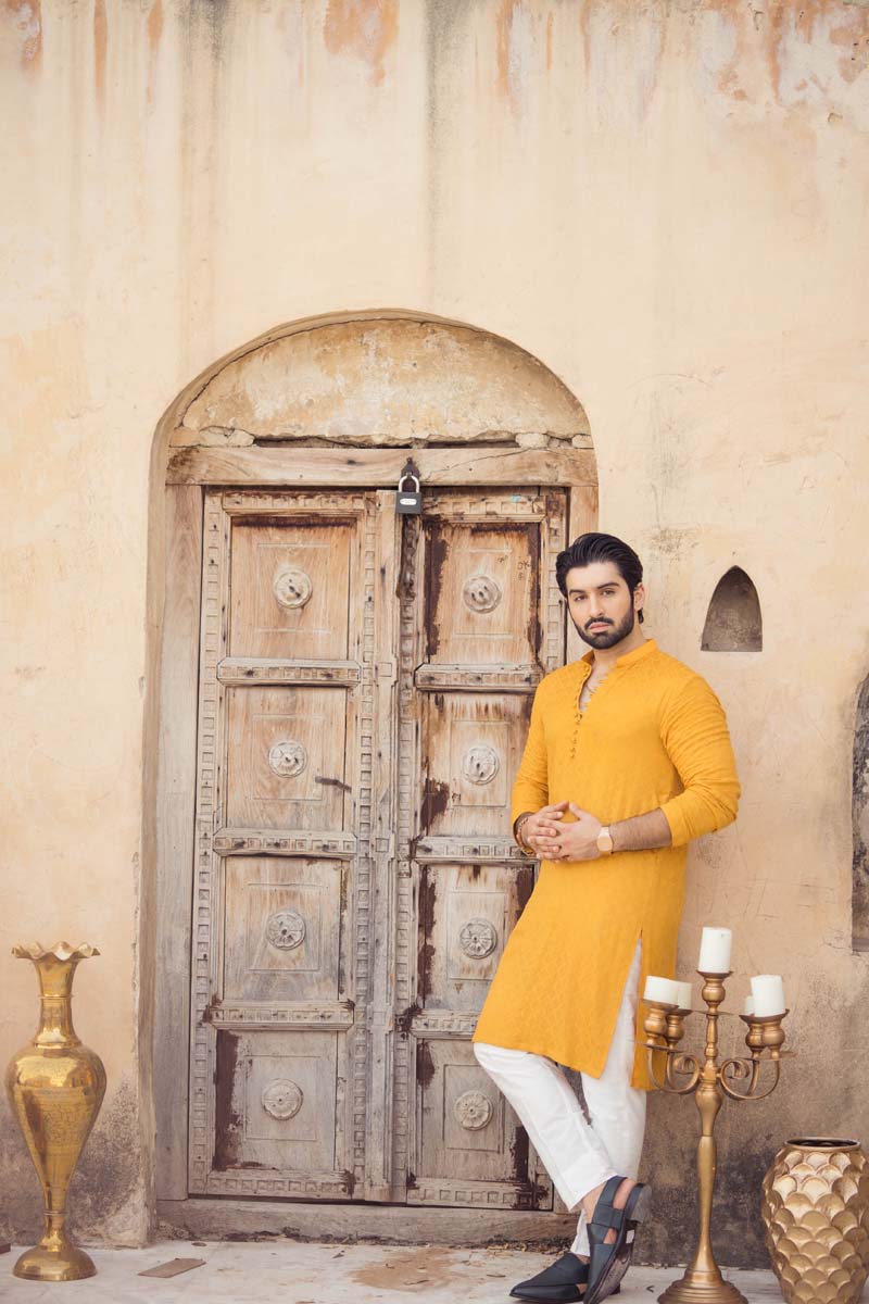 Yellow Diamond-Pattern Khaadi Net Kurta Pajama (2-Piece) - Image 3