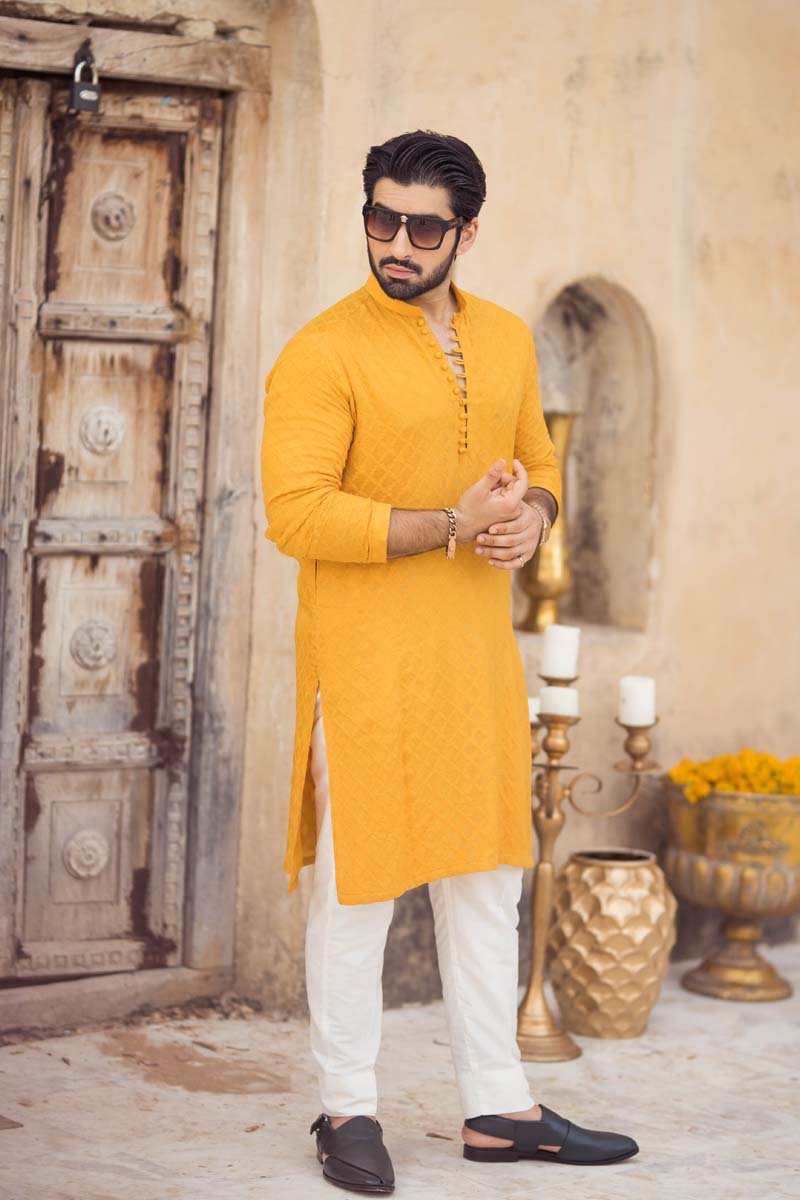 Yellow Diamond-Pattern Khaadi Net Kurta Pajama (2-Piece) - Image 5