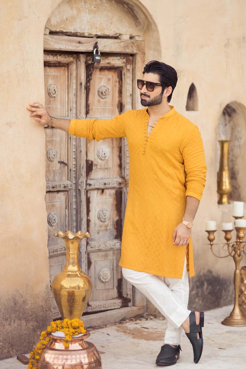 Yellow Diamond-Pattern Khaadi Net Kurta Pajama (2-Piece) - Image 7