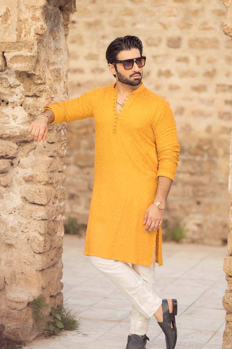 Yellow Diamond-Pattern Khaadi Net Kurta Pajama (2-Piece) - Image 8