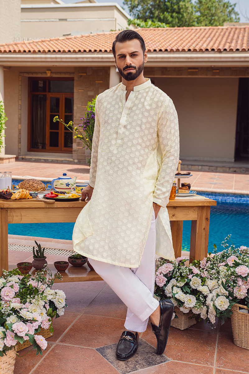 Pastel Lemon Self-Printed Kurta Pajama (2-Piece) - Image 1
