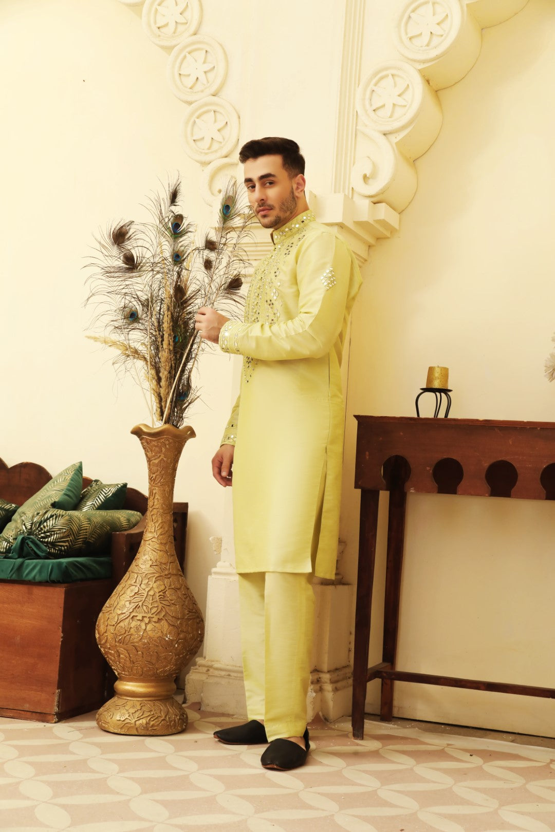 Lime Yellow Mirror Work Silk-Blend Kurta Pajama (2-Piece) - Image 2