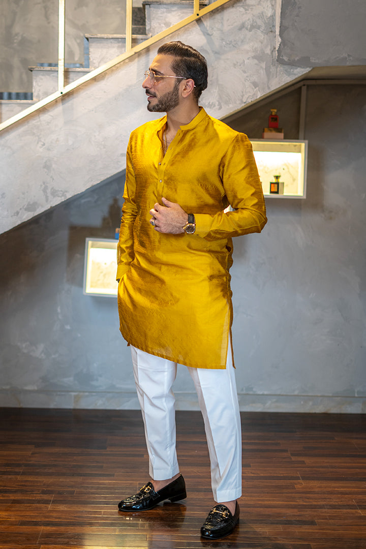 Mustard Yellow Silk Sherwani-Collar Kurta Pajama (2-Piece) - Image 2
