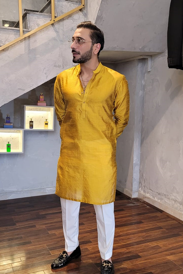 Mustard Yellow Silk Sherwani-Collar Kurta Pajama (2-Piece) - Image 4