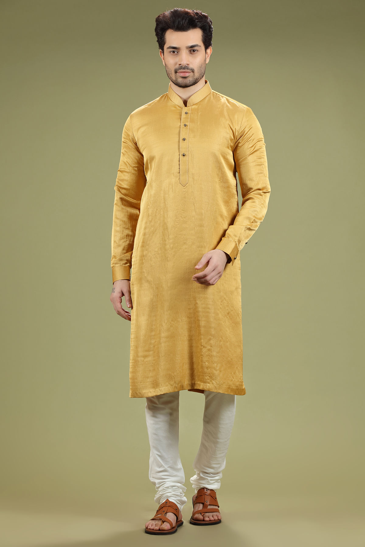 Light Mustard Yellow Silk Kurta Pajama (2-Piece) - Image 1