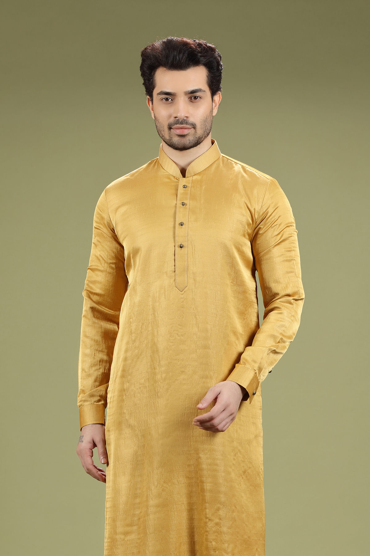 Light Mustard Yellow Silk Kurta Pajama (2-Piece) - Image 2