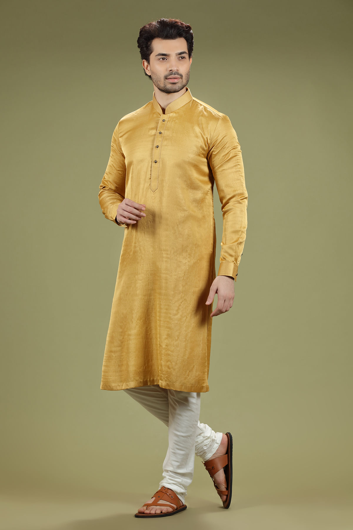 Light Mustard Yellow Silk Kurta Pajama (2-Piece) - Image 3