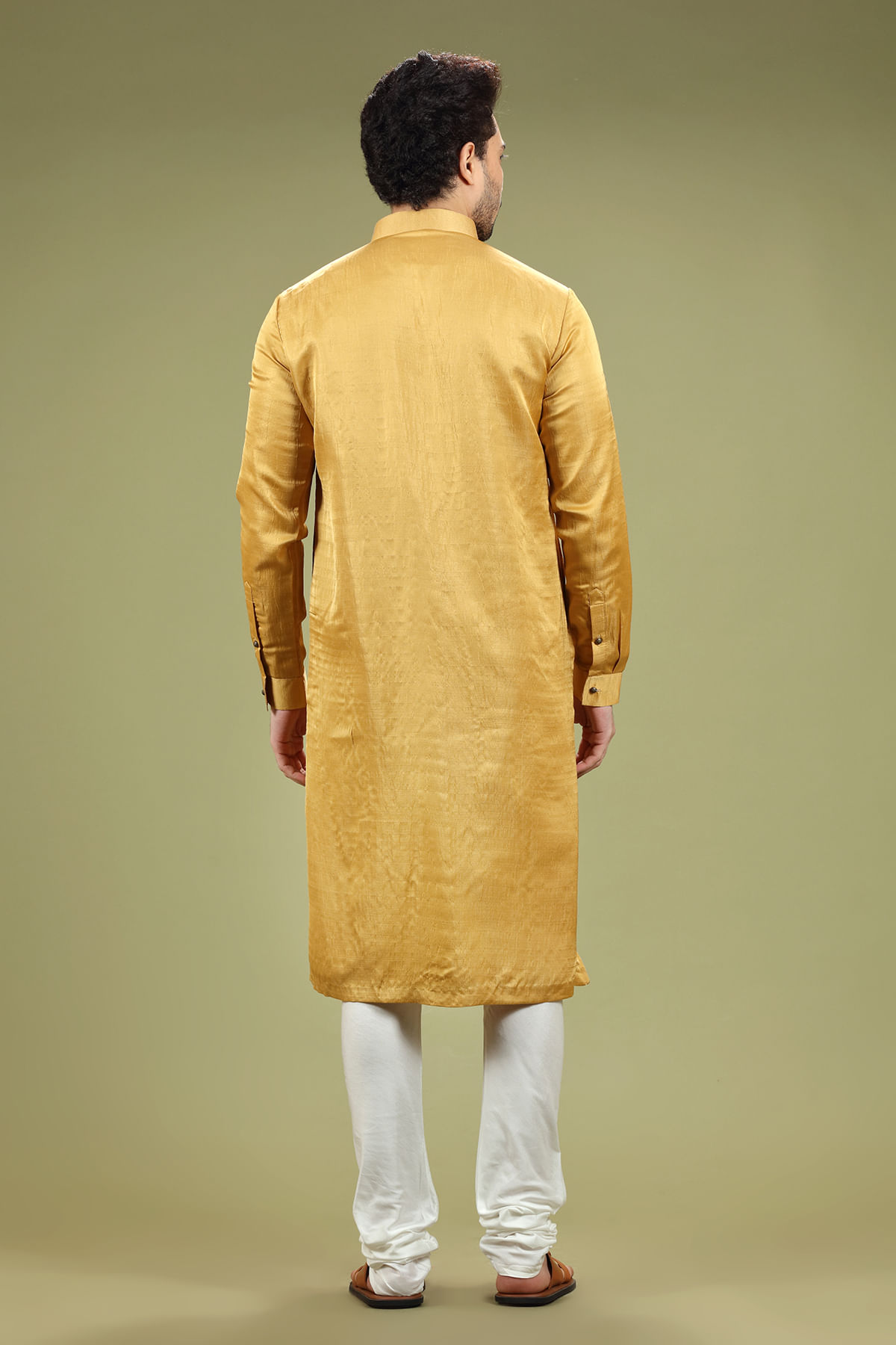 Light Mustard Yellow Silk Kurta Pajama (2-Piece) - Image 4