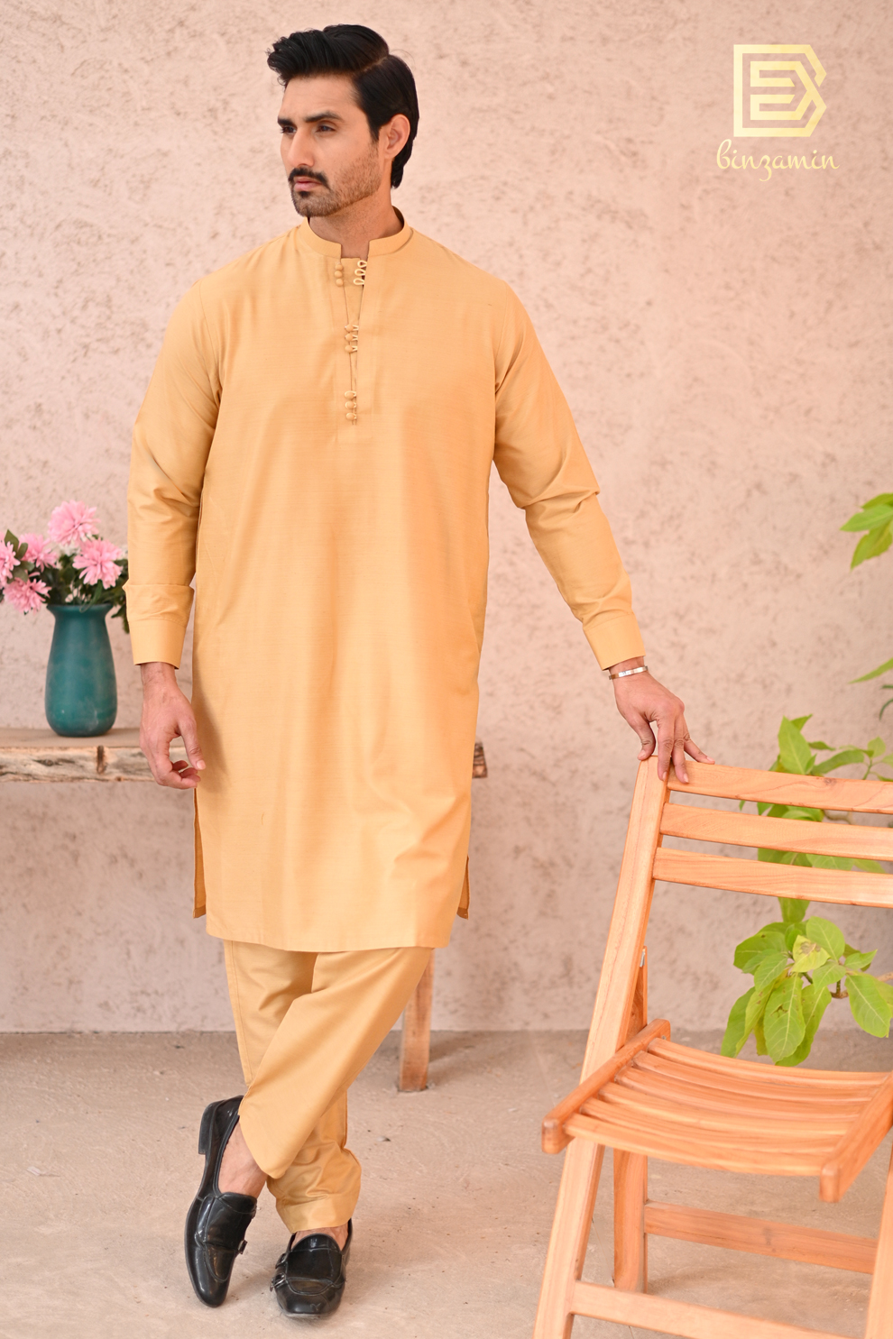 Yellow Plain Wash & Wear Kurta Pajama (2-Piece) - Image 2