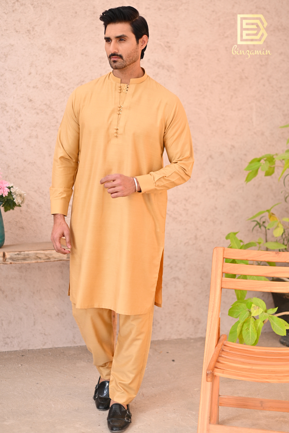 Yellow Plain Wash & Wear Kurta Pajama (2-Piece) - Image 4