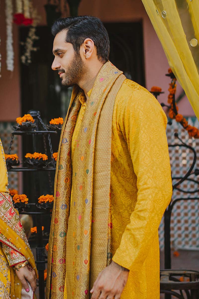 Yellow Self-Print Kurta Pajama (3-Piece) - Image 1