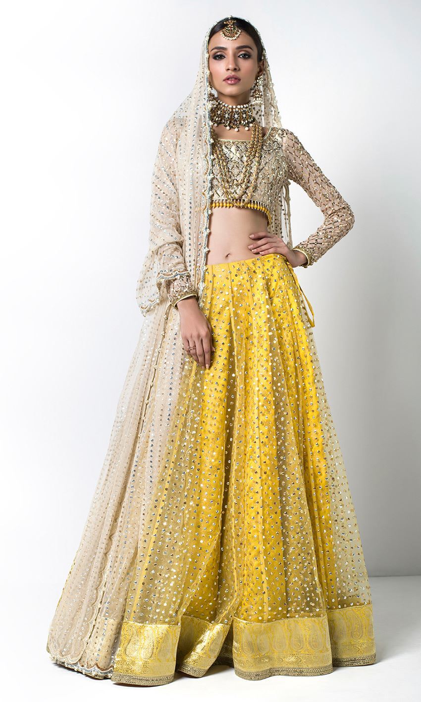 Yellow Gangajamni Banarsi Lehenga (3-Piece) - Image 1