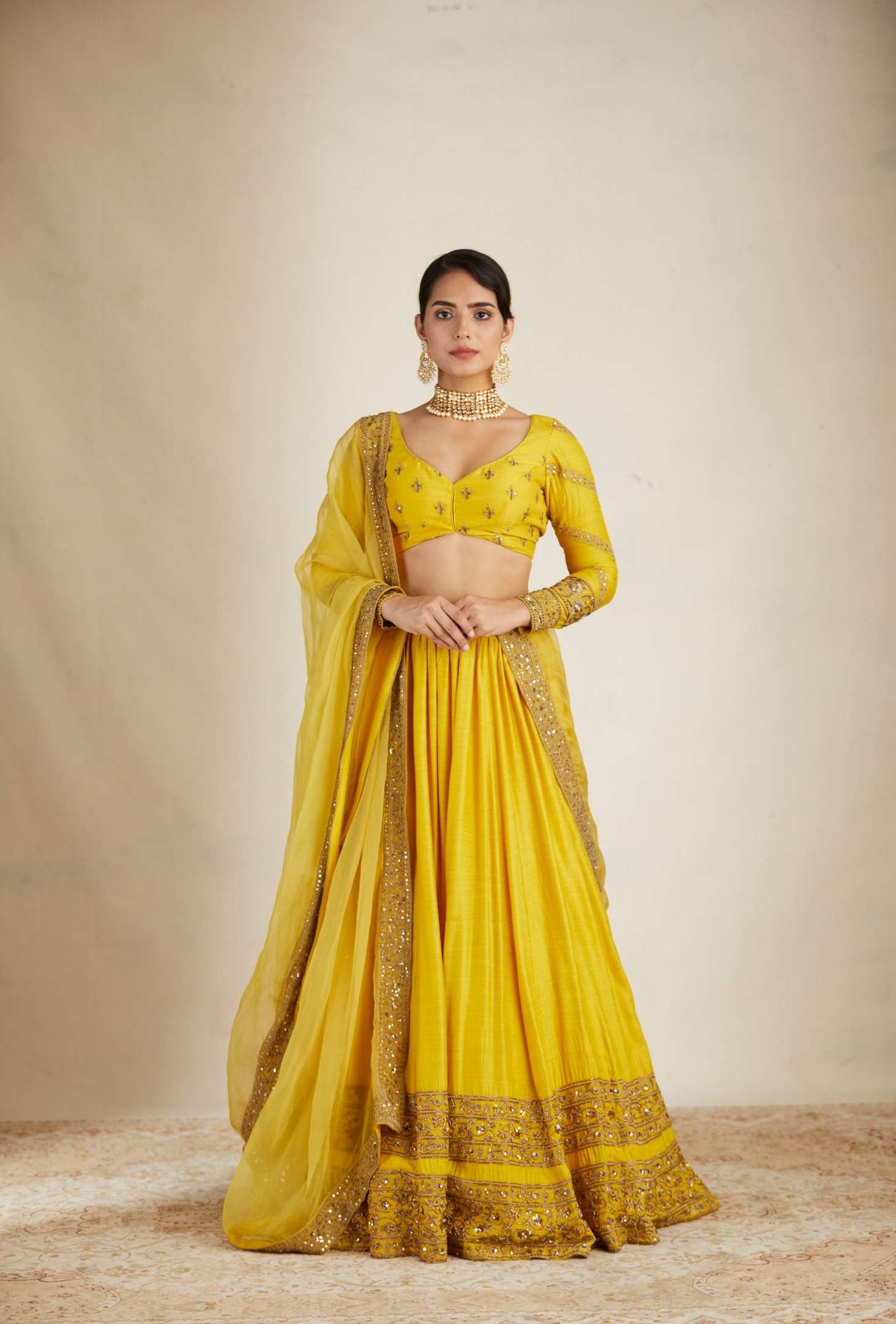 Mustard Bead Embroidered Chanderi Silk Lehenga (3-Piece) - Image 1