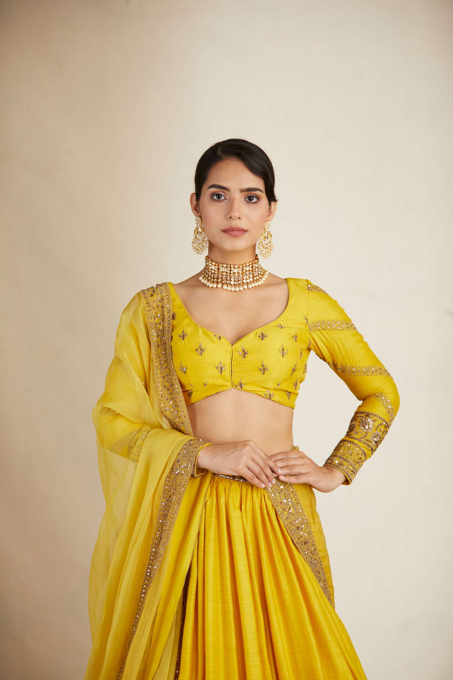 Mustard Bead Embroidered Chanderi Silk Lehenga (3-Piece) - Image 2