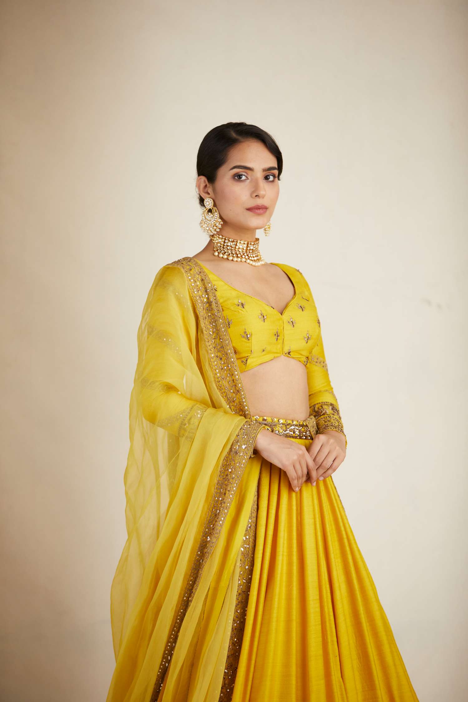 Mustard Bead Embroidered Chanderi Silk Lehenga (3-Piece) - Image 3