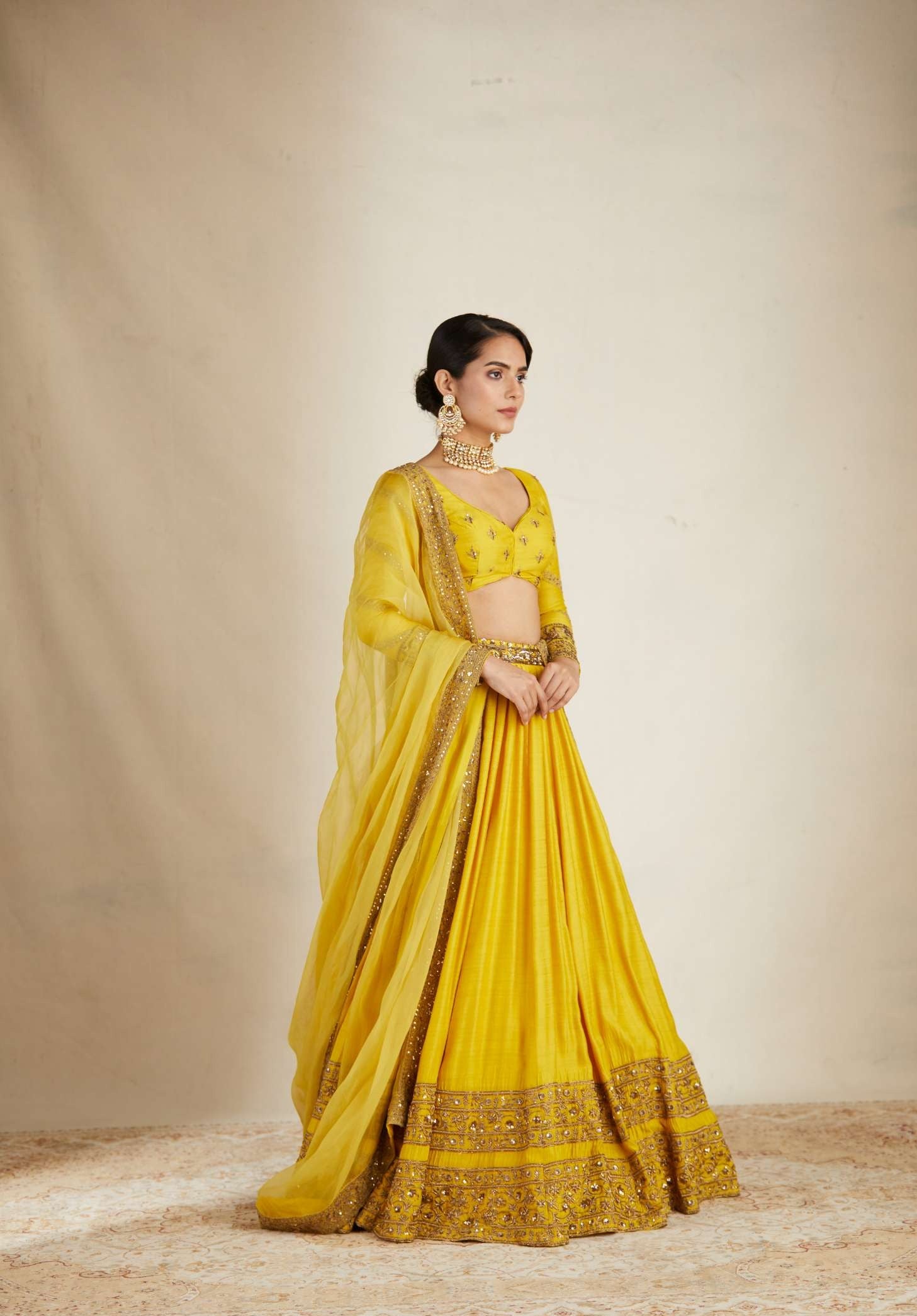 Mustard Bead Embroidered Chanderi Silk Lehenga (3-Piece) - Image 4