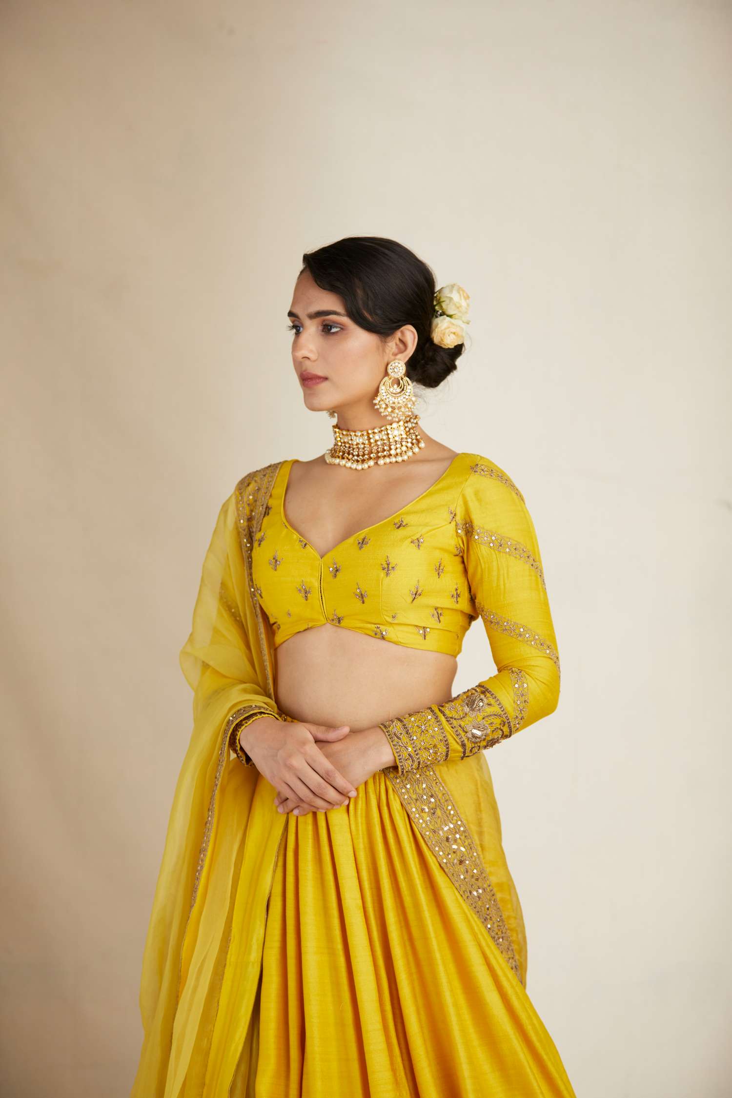 Mustard Bead Embroidered Chanderi Silk Lehenga (3-Piece) - Image 5