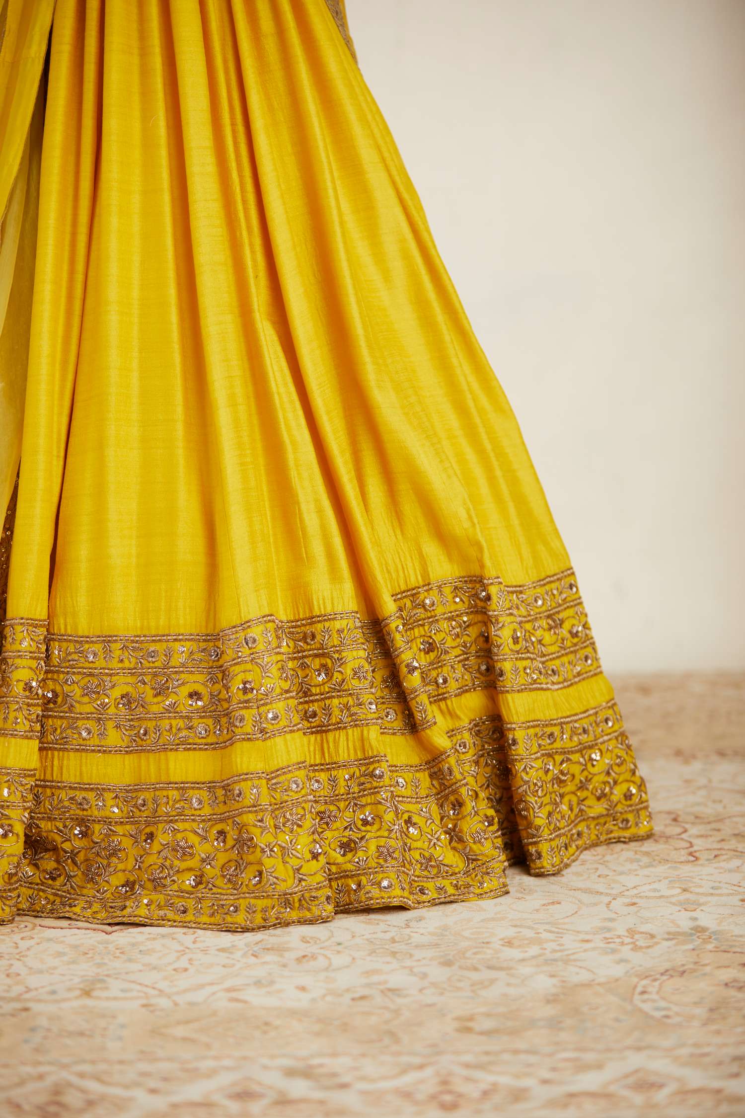 Mustard Bead Embroidered Chanderi Silk Lehenga (3-Piece) - Image 6