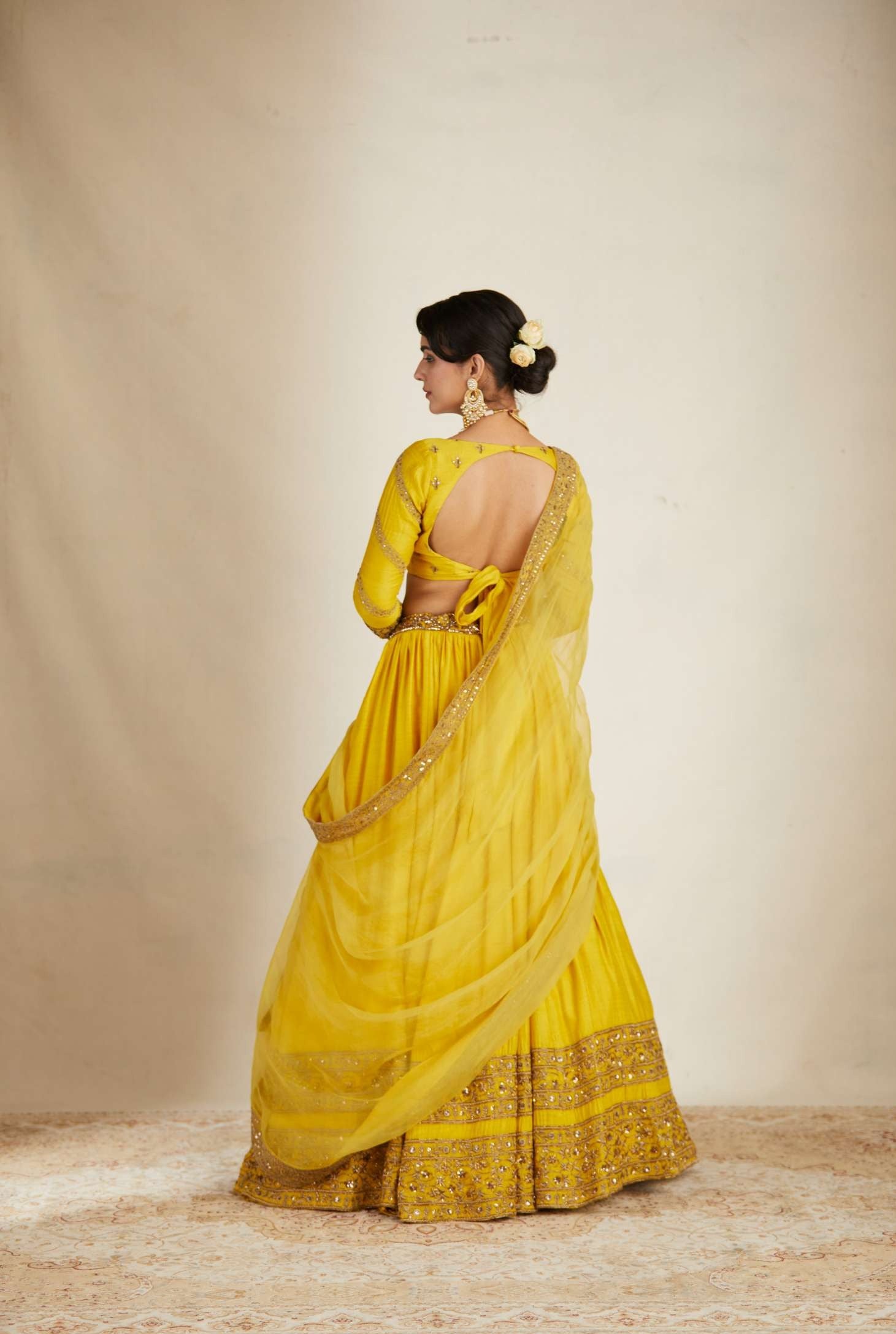 Mustard Bead Embroidered Chanderi Silk Lehenga (3-Piece) - Image 7