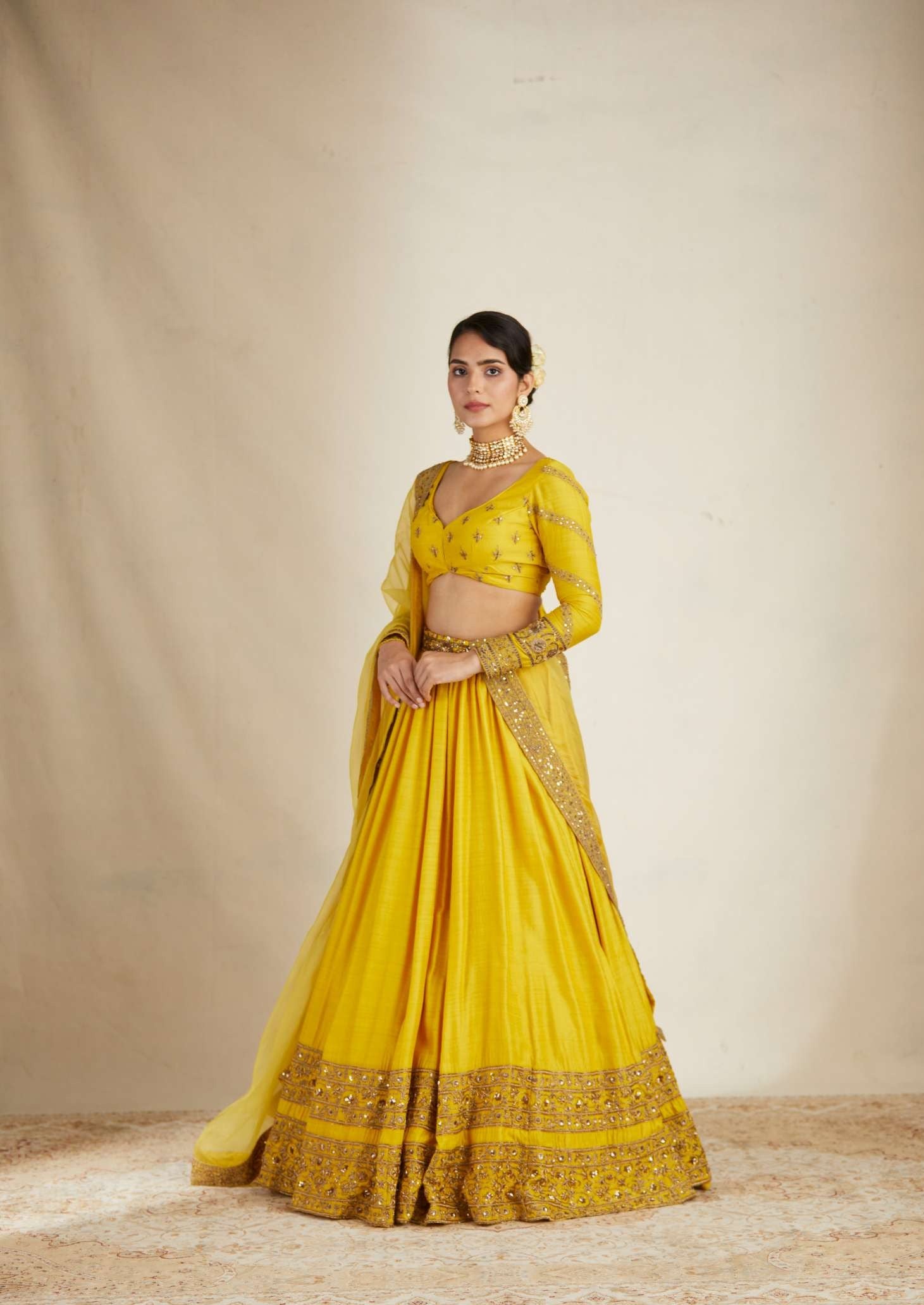 Mustard Bead Embroidered Chanderi Silk Lehenga (3-Piece) - Image 8