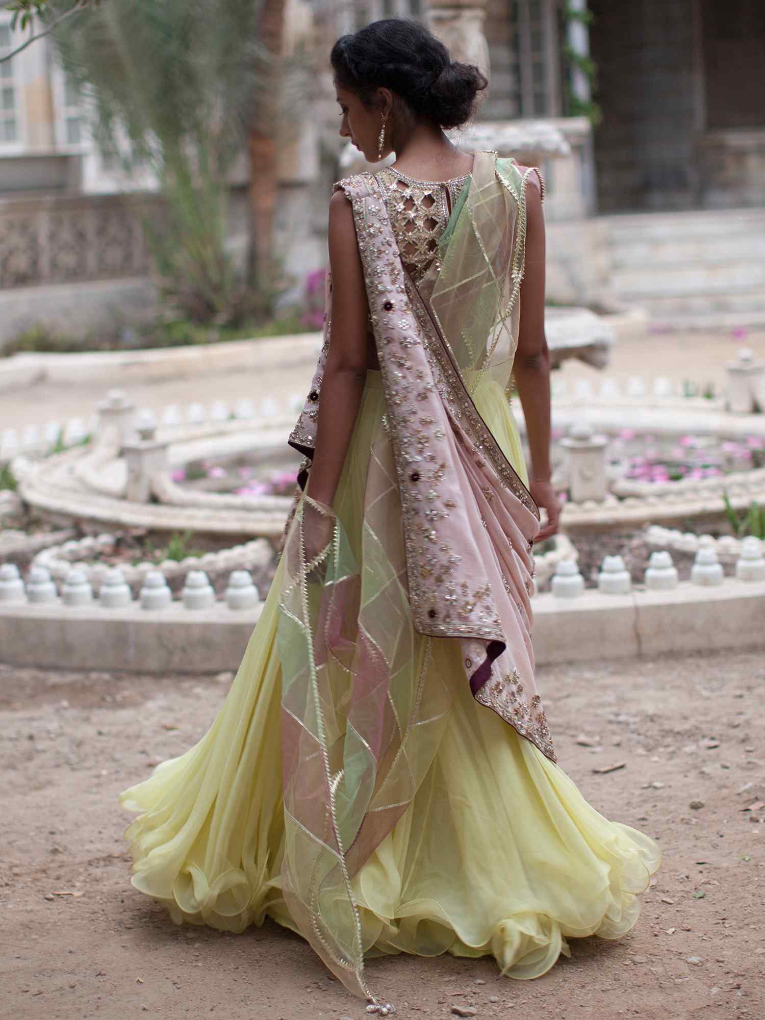 Pakistani Daffodil Yellow Gota Chiffon Lehenga (3-Piece) - Image 2