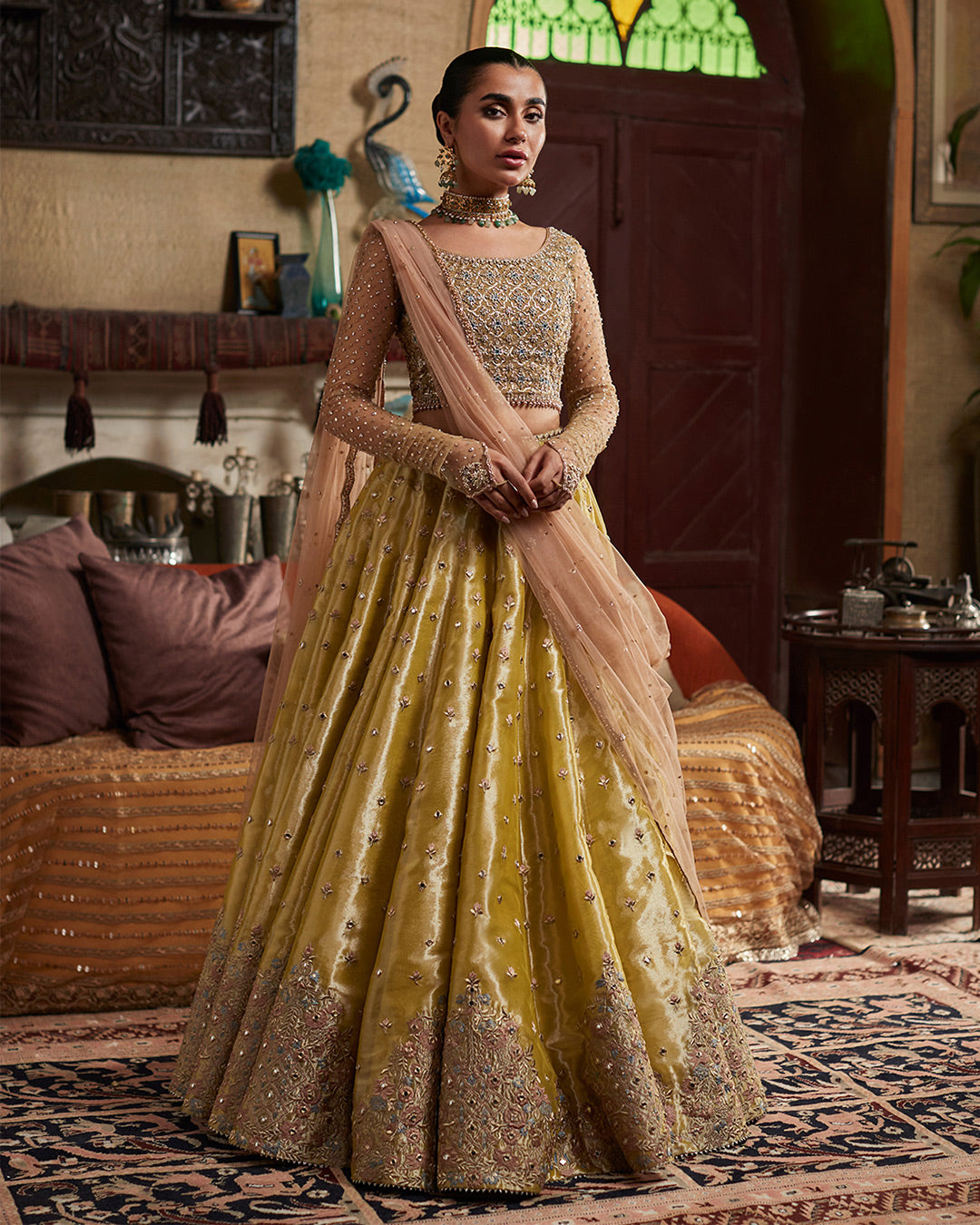 Lime Yellow Embroidered Chiffon & Tissue Lehenga Choli (3-Piece) - Image 1