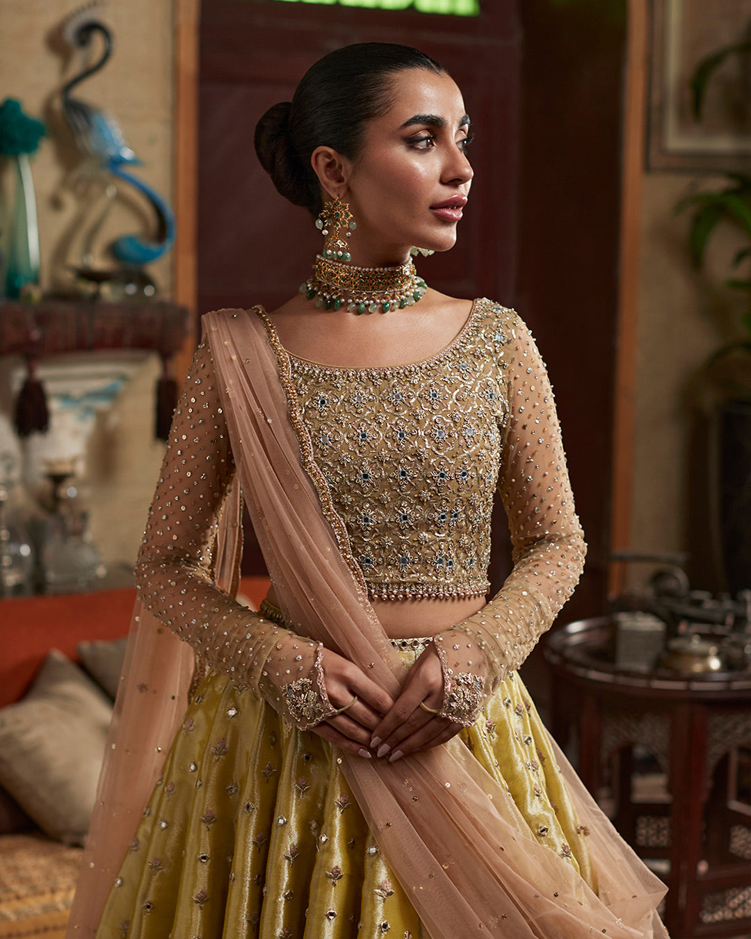 Lime Yellow Embroidered Chiffon & Tissue Lehenga Choli (3-Piece) - Image 2
