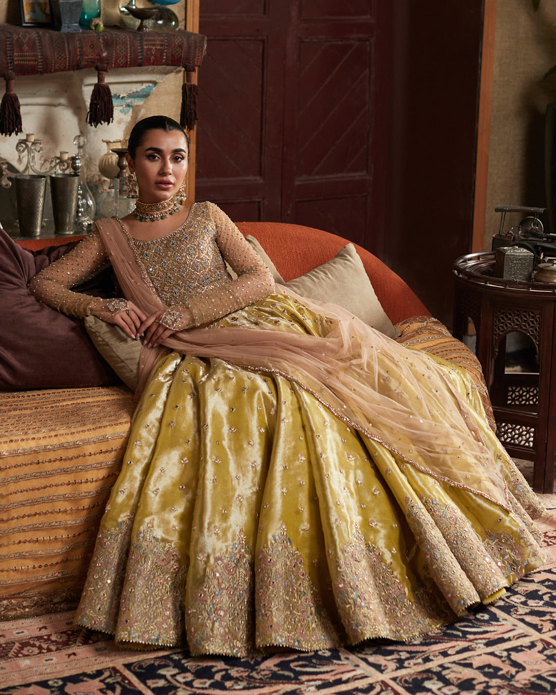 Lime Yellow Embellished Chiffon Lehenga Set (3-Piece) - Image 4